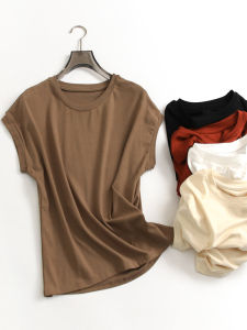 เสื้อยืดคอกลมแขนสั้นทรงสลิมฟิตสำหรับผู้หญิงในช่วงฤดูร้อน สไตล์ลำลอง สีพื้น เสื้อผ้าทำงานแบบสวมหัว ผ้าฝ้ายผสมโพลีเอสเตอร์