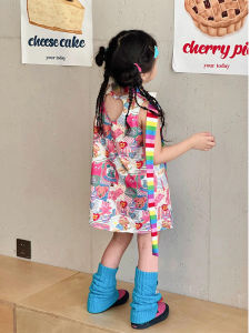 Fashionable Cartoon Vest Dress for Girls Summer Season Mid-Waist High Softness Korean Style Breathable Knitted Mid-Length Skirt