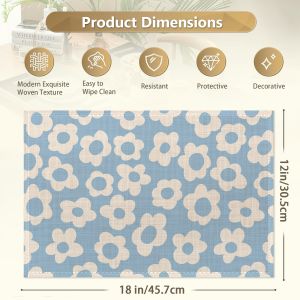 1PCS Washable Vintage Groovy Blue Flowers Print Placemats Non-Slip Heat-Resistant Thick Decorative Geometric Linen Table Mats