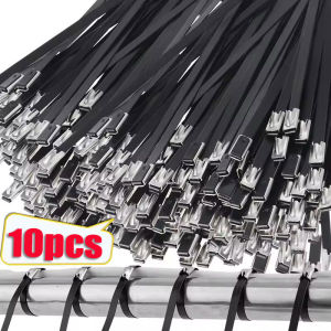 Polocat 10pcs Stainless Steel Cable Ties Metal Black Self-locking Fastening Rings Reusable Exhaust Wrap Tie Cable Wire Organizer