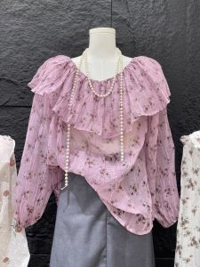 หวาน สไตล์ Pastoral ผู้หญิง แขนยาวคําเดียว ปกเสื้อ ลายดอก ผ้าชีฟอง เสื้อเชิ้ต Ruffles ดีไซน์ หลวม Fit เสื้อสวม เสื้อท่อนบน