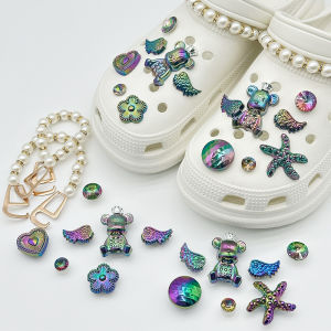 16Pcs/Set Creative Crocs Jibbitz Charms Gradient Color 3D Angel Wings Cartoon Bear Starfish Shoe Buckle Pearl Chain Shoe Decoration for Crocs