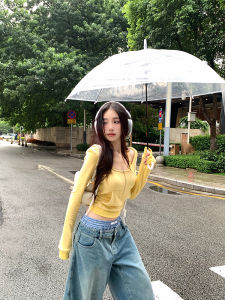 สีเหลือง ลูกไม้ Trim เสื้อฮู้ด เซ็กซี่ หวาน แขนสั้นเผ็ด ผู้หญิง เสื้อสวม สลิมฟิต ลำลอง Top Early ฤดูใบไม้ร่วง แฟชั่น K-style