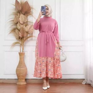 Luppy Midi Dress Wanita Kombinasi Motif Rayon Bunga Jizzy Dress Knit Jumbo Fashion Dewasa Kekinian