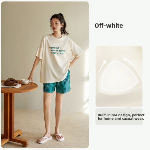 yuenei | Couples Cotton Pajamas Womens Short Sleeve Beach Style Home Clothes Comfortable Breathable Summer Sleepwear With Chest Pad