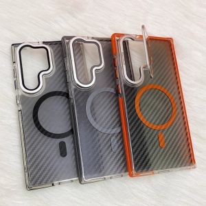 Invisible Carbon Fiber Patterned Phone Case with Magnetic Stand for Samsung S24 Ultra S24 plus Galaxy23 Anti-Slip Edge Protection