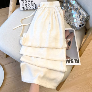 Quần Ống Rộng Vải Lanh Cotton Trắng Cạp Cao Mùa Hè Mỏng Nhỏ Dáng Rộng Thoải Mái Quần Dài Thường Ngày Cho Nữ