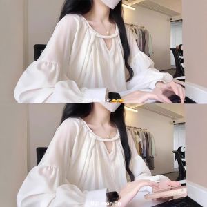 DUOFEIYAN | Áo Sơ Mi Tay Bồng Cổ Tròn Dài Tay Màu Trắng cho Phụ Nữ Mùa Xuân Hè Thời Trang Chất Lượng Bảo Vệ da