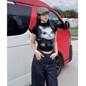 Áo Thun Modal in Hình Mèo Cổ Cao Tay Ngắn Ôm Vừa Vặn Mùa Hè Phong Cách Mỹ Cổ Điển Cho Nữ