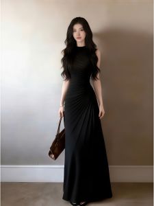 NINGXI | French Lady Style Irregular Pleated A-Line Fitted Maxi Dress
