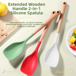 MEYGOROOM | Non-Stick Heat-Resistant Long Wooden Handle Silicone Spatula