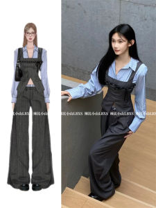 Áo Sơ Mi Kẻ Sọc Cổ Polo Hai Mảnh Cạp Cao Quần Ống Rộng Mùa Thu Thiết Kế Cảm Giác Nữ Tính Phong Cách Hàn Quốc