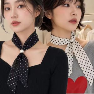 4Pcs Retro Polka Dot Scarf Women Pearl Buckle Neckerchief Soft Cotton Small Square Scarf for Neck Handbag Purse Accessory