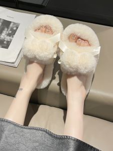 Fluffy Slippers Female Outwear 2023 Fall and Winter New Arrival Thick Sole Non-Slip Net Red Fancy Bows Plush Cotton Slippers