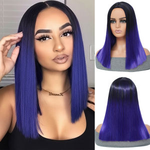 New European and American Fashion Wig High Temperature Silk Dyeing Blue Medium Split Straight Hair Synthetic fiber wig