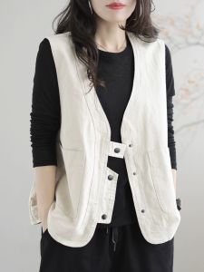 Spring 2024 Womens Loose Casual Sleeveless Vest Tank Top Workwear Style Vintage Short Jacket V-neck Single Button Closure