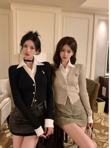 Áo Len Cardigan Dệt Kim Dài Tay Thêu Cổ Polo Cho Nữ Mùa Đông Thiết Kế Áo Sơ Mi Ngắn Ôm Vừa Vặn Giả Hai Mảnh Áo