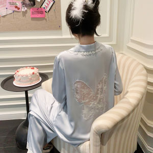 Spring Autumn Ice Silk Hollow out Long Sleeve Pants Sleepwear Womens Sweet Home Clothes Butterfly Lace Trimmable Outdoor Wear