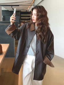 Retro Loose PU Leather Jacket Womens Fall Fashion Velvet Collar Coat Color Block Long Sleeve Commute Style Single Button Closure