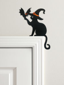 Halloween Black Cat Door Topper Decor Witch Hat & Bat Design Wooden Door Frame Ornament for Home Spooky Party & Haunted House