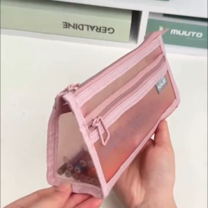 1Pc Double Layer Mesh pencil and Cosmetic pouch Zipper Closure Pouch Bag Large Capaicty Mesh Bag (random Color)