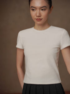 hacikis | French Delicate Floral Lace Trim Fitted Slim Short Sleeve T-shirt