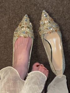 French Style Wedding Dress High Heels Women Low Heel Crystal Shoes Gold Color Bride Shoes Spring Summer New Model Fashionable Elegant
