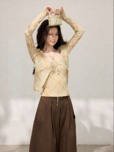 THROUS | Set áo cardigan tay dài dáng ôm mỏng nhẹ kẻ caro ren cho nữ mùa xuân