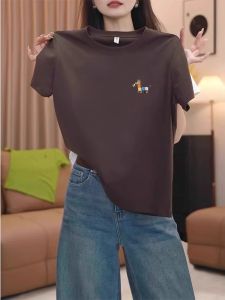 Coffee-colored Square Shoulder Sleeve T-shirt Loosening and Slim Fit Plus Size