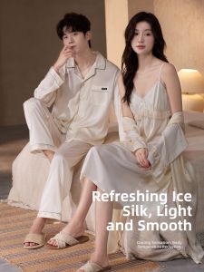 LEZIMENG | Couple Silk Pajamas Set Long Design Cool Summer