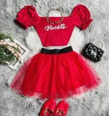 Trendy Barbie Pink Black Puff Top and Skirt for Kids Girls Dresses