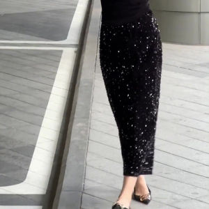 Elegant V-Neck Base Top Sequin Mini Skirt Autumn Outfit Whole Set Womens High-End Ensemble Design Cotton Polyester Blend