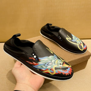 2024 Dragon Year Stirrup Heel No-Tie Genuine Leather Black Loafers Mens Fancy Flats Classy Tide Mens Shoes