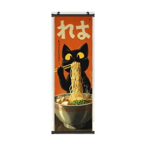 VIKAMA Ramen Kitty Frog Black Cat Wall Tapestry Orange Retro Japanese Food Scroll Art Home Decor Soft Durable Cozy Aesthetic