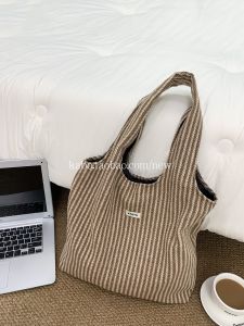 Large Capacity Canvas Tweed Tote Bag Shoulder Bag for Men And Women Simple Casual Style Autumn Winter Bag Striped Design