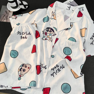 คู่รัก ฤดูร้อน น้ําแข็ง ผ้าไหม บาง การ์ตูน น่ารัก เสื้อผ้าบ้านชุดสองชิ้นสําหรับผู้ชายแขนสั้น กางเกง กางเกงขาสั้น บ้านสบาย ชุดนอน