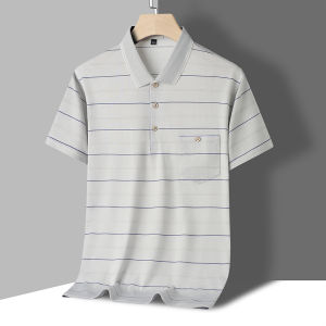 Ice Silk Short Sleeve T-Shirt Dad Style Summer Thin Cotton Polo Shirt Striped Base Layer Quick Dry Breathable Business Casual Top
