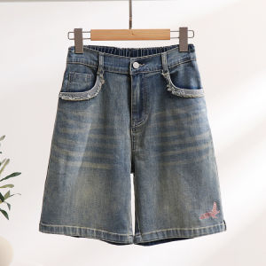 ฤดูร้อน บาง เดนิม กางเกงขาสั้น ผู้หญิง ไซส์ใหญ่ ยืดได้ หลวม ห้าส่วน กางเกง กว้าง สะโพก ต้นขาสูงหนา เอว ขากว้าง กางเกง