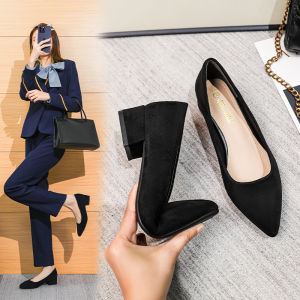 Black Velvet Surface High Heels Work Shoes Comfortable Office Footwear Sharp Pointed Toe Chunky Heel Single Shoes for Women