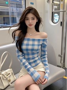 Slimming Blue Plaid One-Shoulder Long Sleeve T-Shirt Womens Spring Autumn Korean Style Base Shirt Inner Wear Top