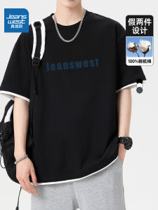 True Weave Black Slim Fit Short Sleeve T-Shirt ผ้าฝ้ายคอตตอนระบายอากาศได้ดีสำหรับผู้ชาย ทรงหลวม ทรงลำลอง แฟชั่นฤดูร้อน