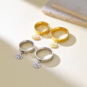 Skyrim Lotus Charm Ring Stainless Steel 6mm Wide Finger Rings Yoga Chakra Buddhism Jewelry Gift for Women