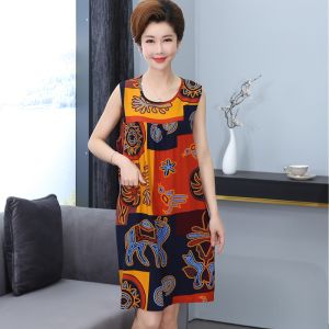 Summer Lightweight Cotton Silk Sleepwear for Middle-Aged And Elderly Women Moms Nightgown plus Size Printed Dress Casual Home Wear
