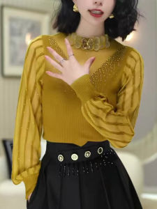 Áo Sơ Mi Ren Cổ Bướm Thanh Lịch Cho Nữ Mùa Thu 2025 Áo Lót Bên Trong Thời Trang Đẹp Áo Len Dệt Kim Dài Tay Thường