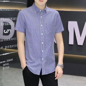 ROMON | Lormen Mens Ice Silk Short Sleeve Shirt Summer Thin Casual Business Anti-iron Striped Professional Workwear Shirt Jacket