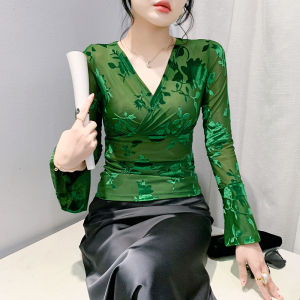 YIMEI 2024 new pleated cross V-neck mesh burnt flower top fashionable slim fit autumn trumpet sleeve T-shirt womens plus size base shirt