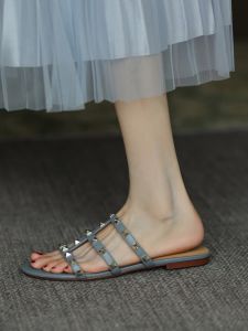 2024 Womens Flat Bottom Sandals Real Leather Slip-On Casual Shoes Open-Toe Lazy Girl Slippers Korean Style Daily Wear