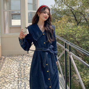 Elegant High Waist Slimming Doll Collar Denim Dress Womens Spring Autumn New Style French Vintage Long Skirt A-Line Dress