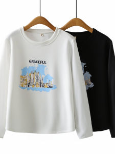 Áo Thun Cotton Dài Tay Cổ Tròn in Họa Tiết Kiến Trúc Phong Cách Hàn Quốc Dáng Rộng Thời Trang Mùa Thu 2025 Dành Cho Nữ