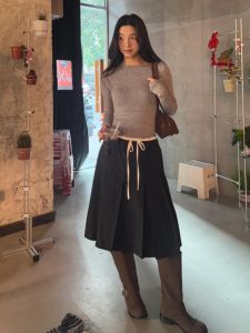 Korean Style Fashionable Intellectual Double Waist Belted Miu Style Pleated Midi Skirt Women Spring Autumn Medium Length Skirt